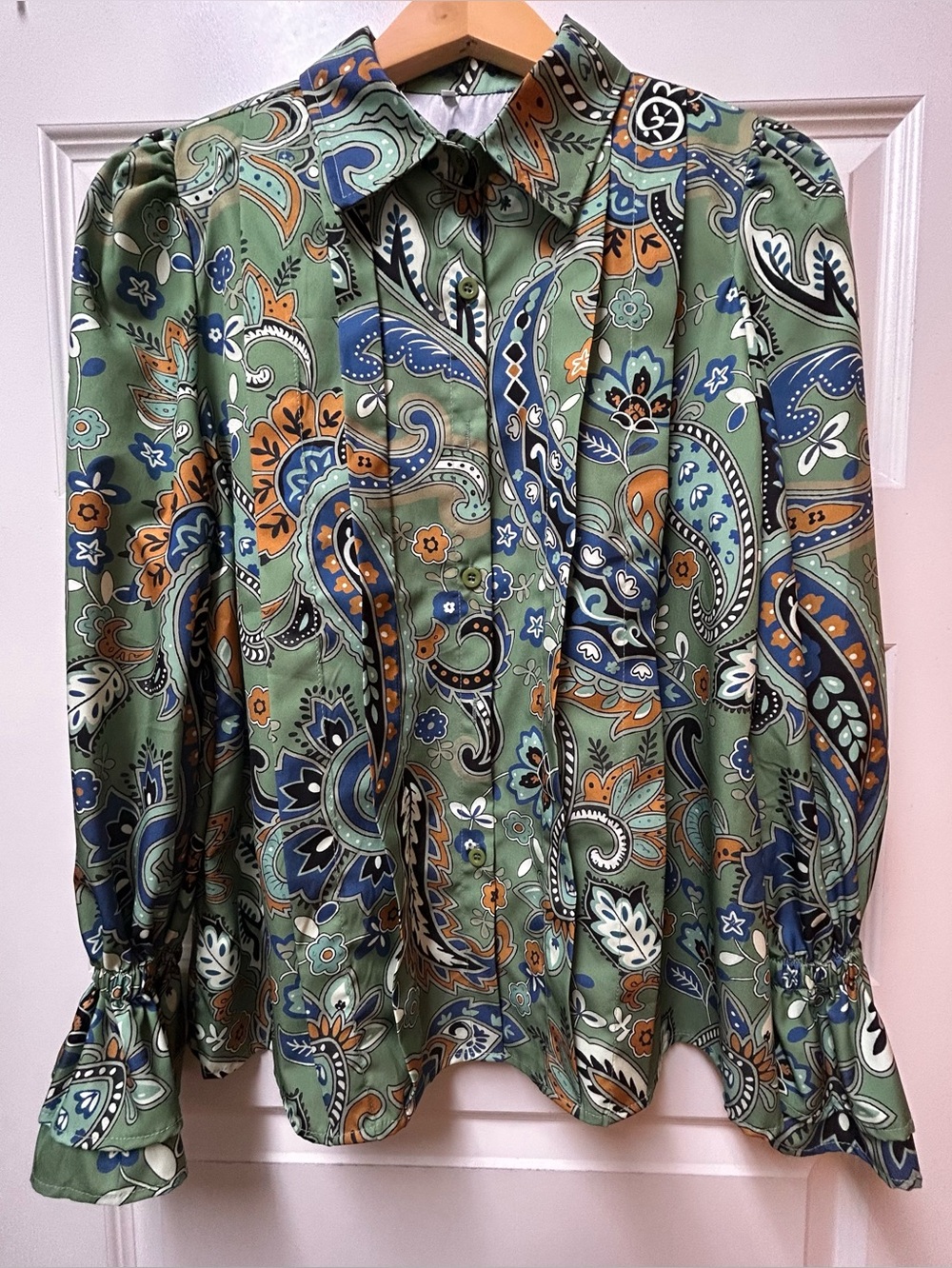 Green Paisley Long-Sleeve Women's Silky Blouse